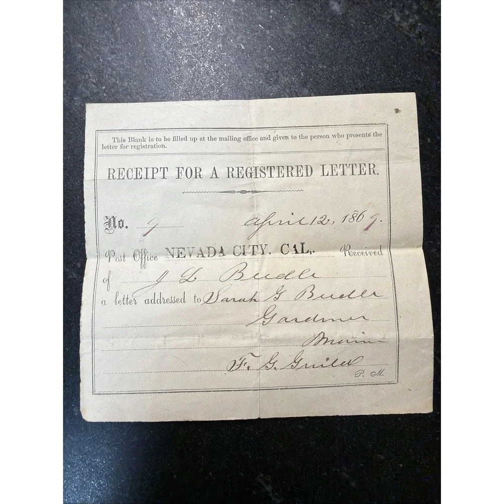 1869 Nevada City CA Registered Letter Receipt Postal History Antique Ephemera
